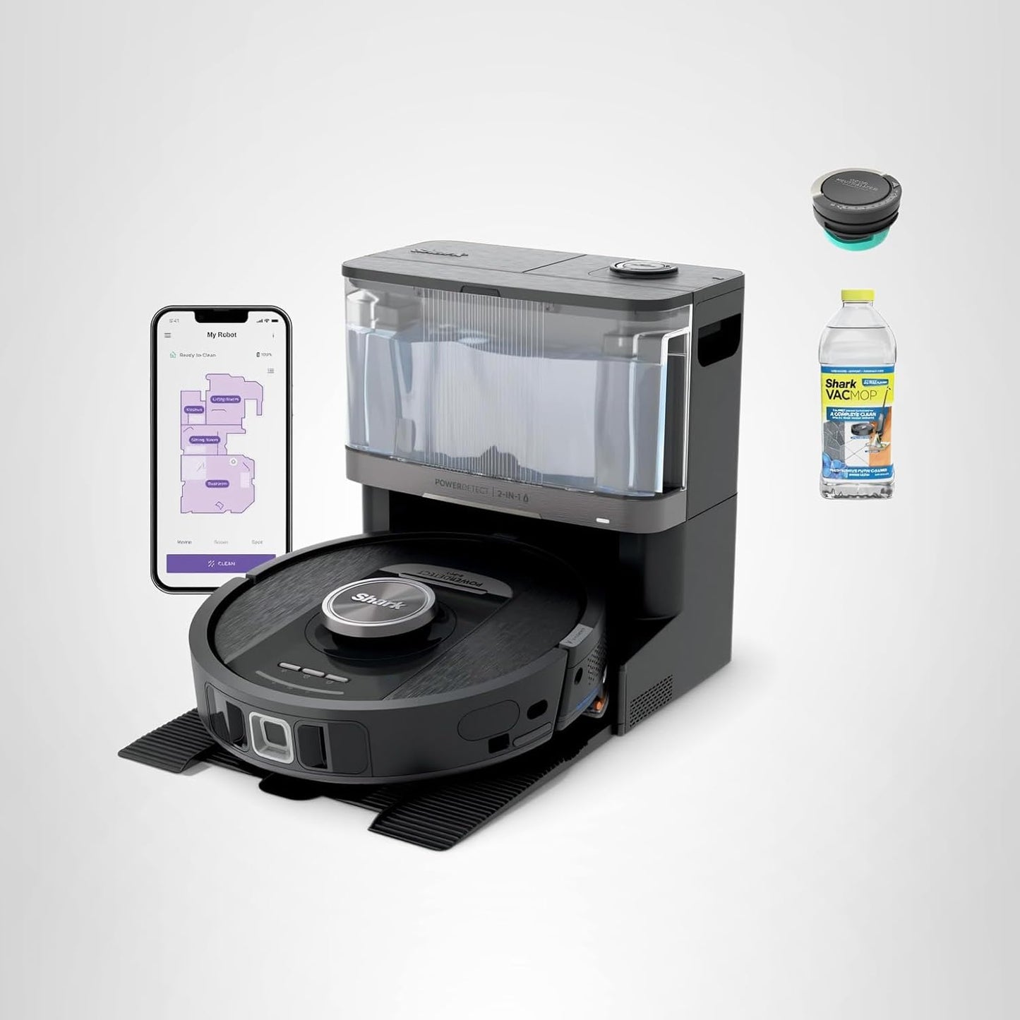 Shark PowerDetect NeverTouch, Self-Empty & Self-Refill, Robot Vacuum and Mop with Bagless, 30-Day Debris Capacity HEPA Base, 30-Day Capacity Refill Tank, Pad Dry, Black, AV2810YS